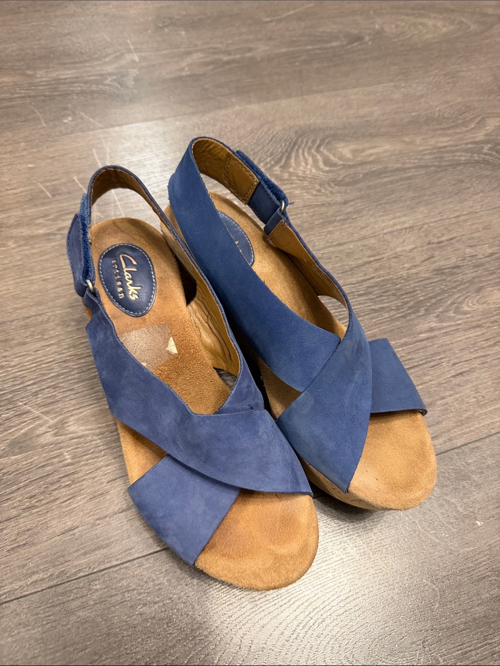 Clarks Annadel Eirwyn Blue Suede Crisscross Wedge Sandals